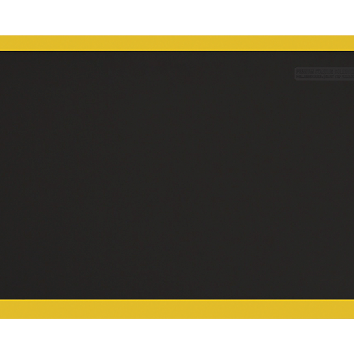 Overhead shot of a black 3ft by 2ft Supreme mat with yellow safety strip.