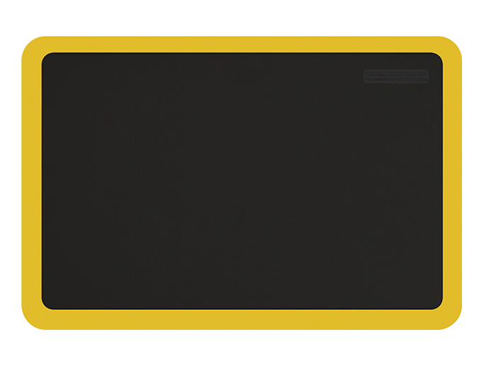 Overhead shot of a black 3ft by 2ft Supreme mat with yellow safety strip.