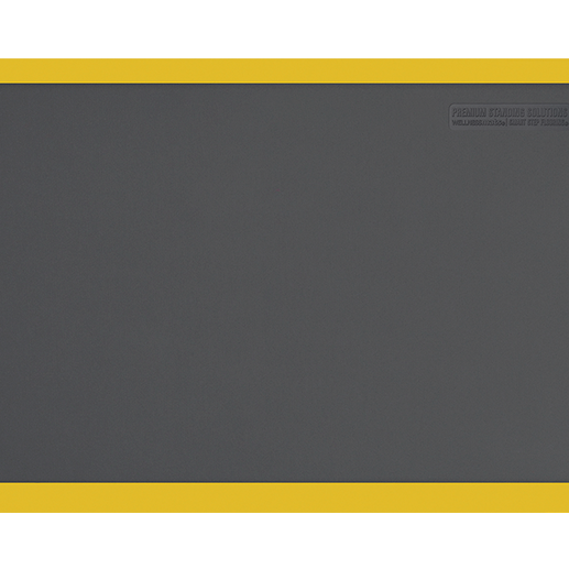 Overhead shot of a gray 3ft by 2ft Supreme mat with yellow safety strip.