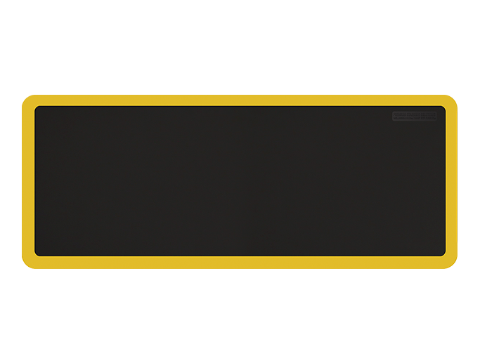 Overhead shot of a black 5ft by 2ft Supreme mat with yellow safety strip.