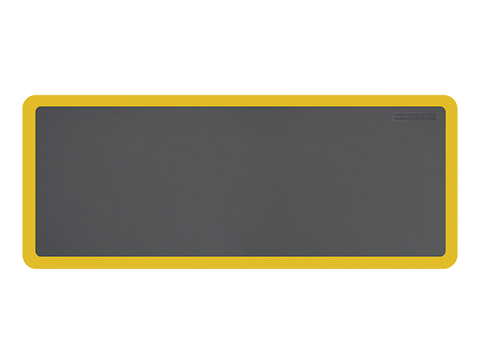 Overhead shot of a gray 5ft by 2ft Supreme mat with yellow safety strip.