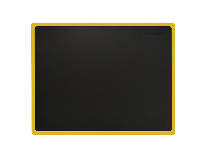 Overhead shot of a black 5ft by 4ft Supreme mat with yellow safety strip.