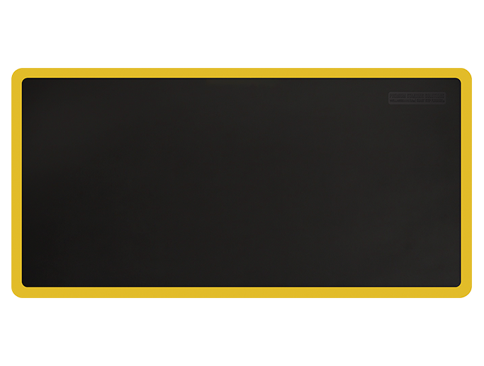 Overhead shot of a black 6ft by 3ft Supreme mat with yellow safety strip.
