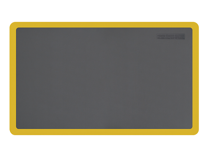 Overhead shot of a gray 5ft by 3ft Supreme mat with yellow safety strip.