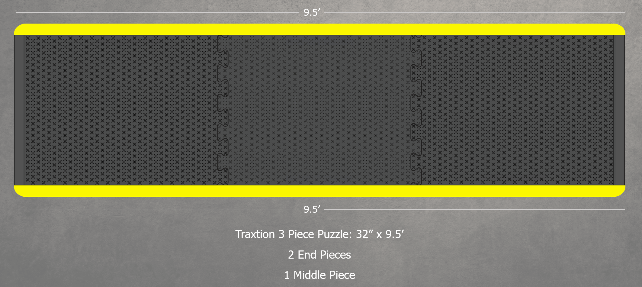Diagram of a of a black three piece puzzle Traxtion mat made of two end pieces and one middle section.