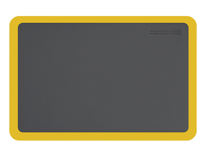 Overhead shot of a gray 3ft by 2ft Supreme mat with yellow safety strip. 