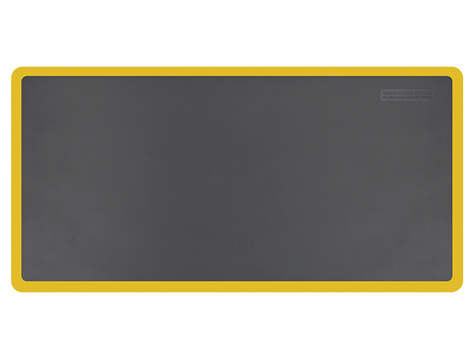 Overhead shot of a gray 6ft by 3ft Supreme mat with yellow safety strip. 