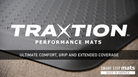 Traxtion Performance Mats logo imposed over an image of a gray Traxtion mat.