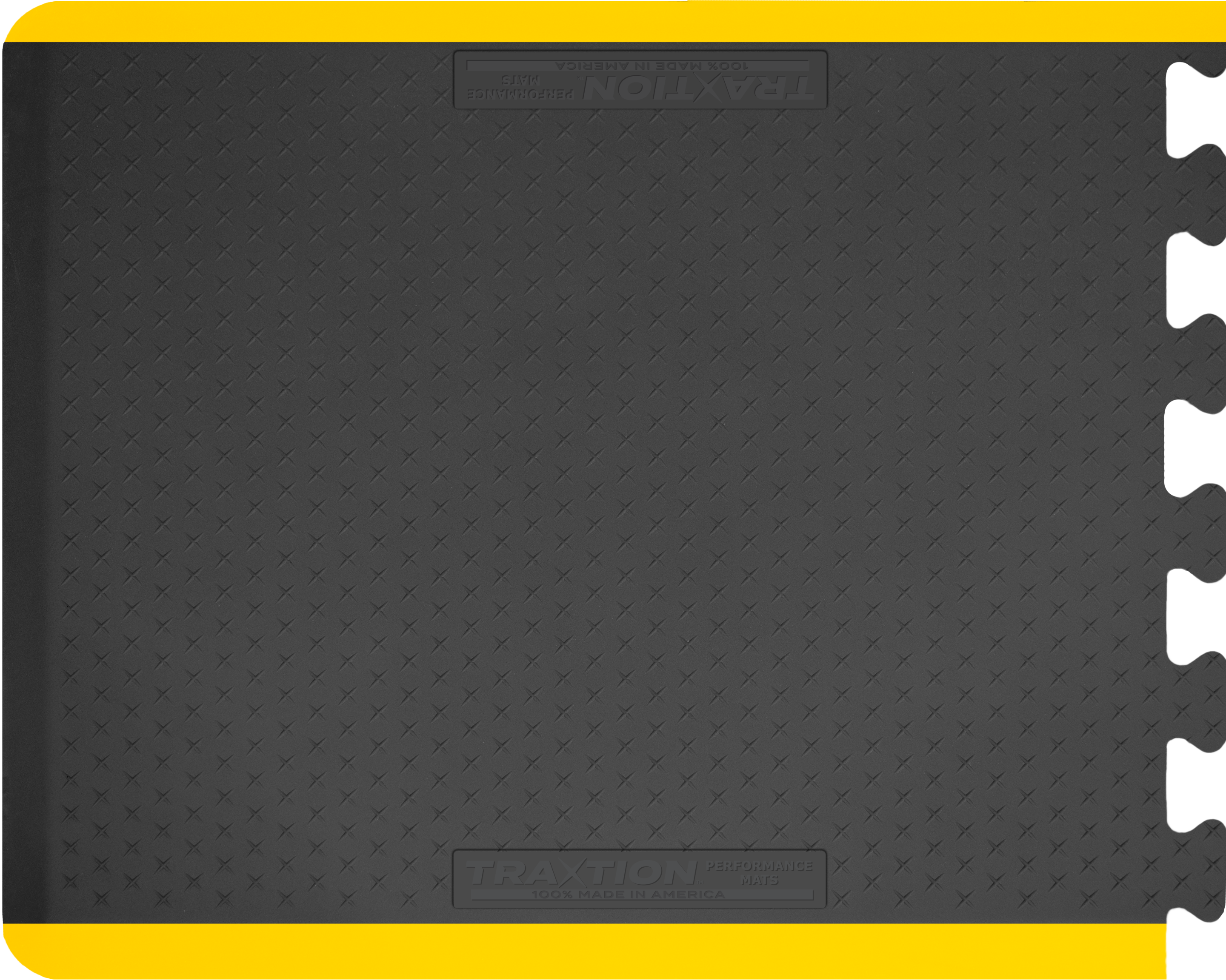 Black Traxtion mat end piece with yellow safety strips.